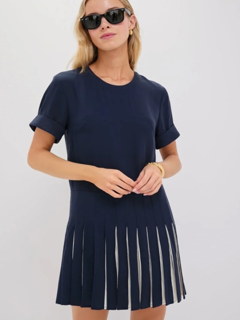 TUCKERNUCK Navy Pleated Liza Dress Large NWT Tencel Mini Two Tone Pleated